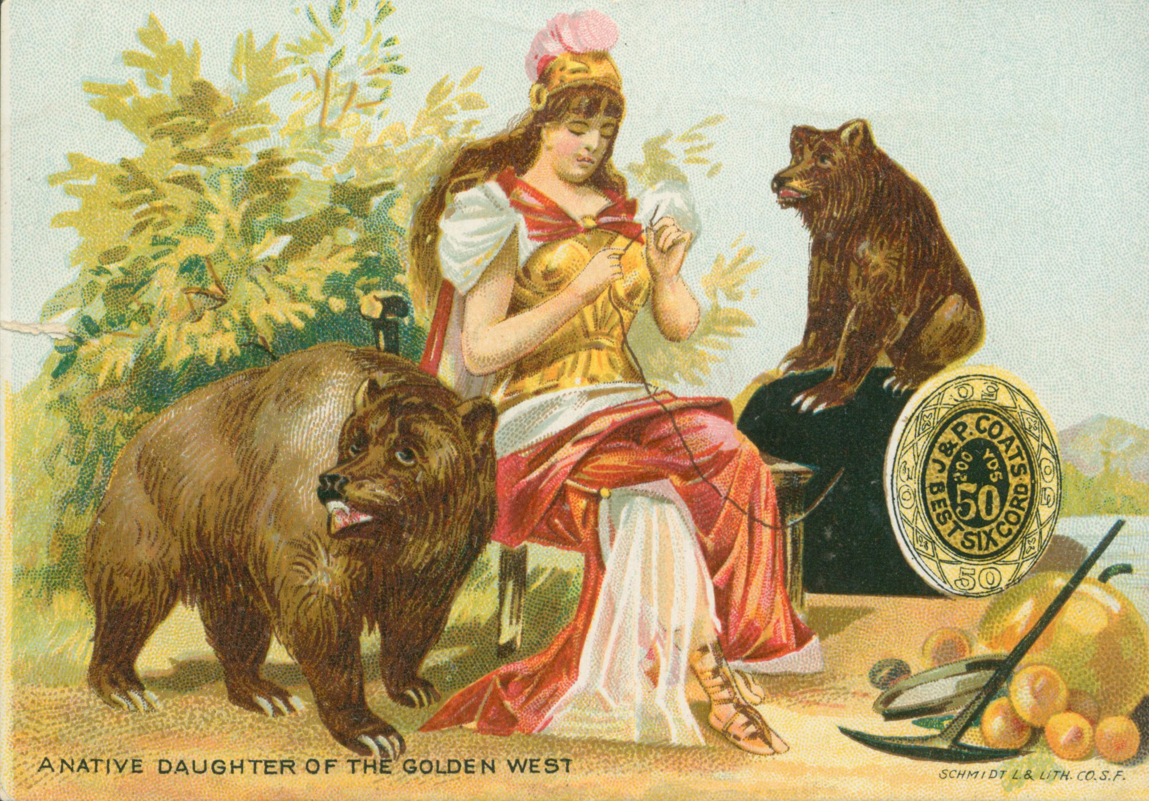 This trade card shows a woman dressed as Minerva, threading a needle with J & P Coats thread while two bears look on.